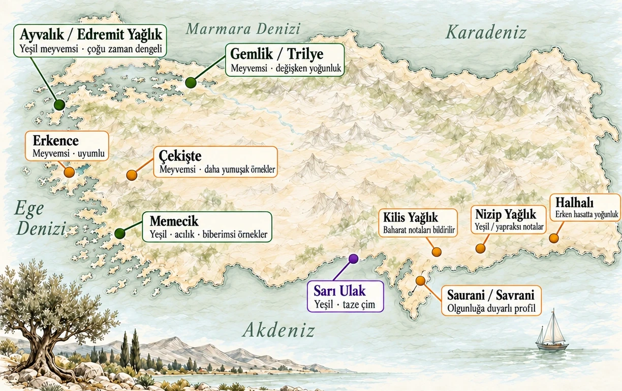 Türkiye'nin bölgeleriyle birlikte Ayvalık, Gemlik, Memecik, Erkence, Çekişte, Sarı Ulak, Kilis Yağlık, Nizip Yağlık, Halhalı ve Saurani çeşitlerinin gösterildiği Türkçe harita